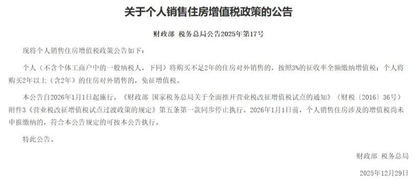 中指快评丨年末再放利好,个人销售住房增值税征收率下调!