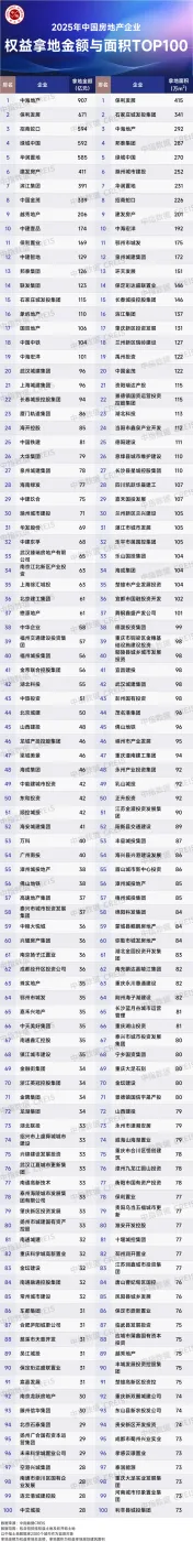 2025年全国房地产企业拿地TOP100排行榜